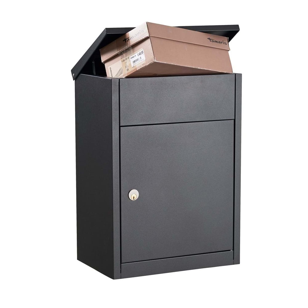 Wall-mounted parcel box Allux 500 with top open and parcel being inserted