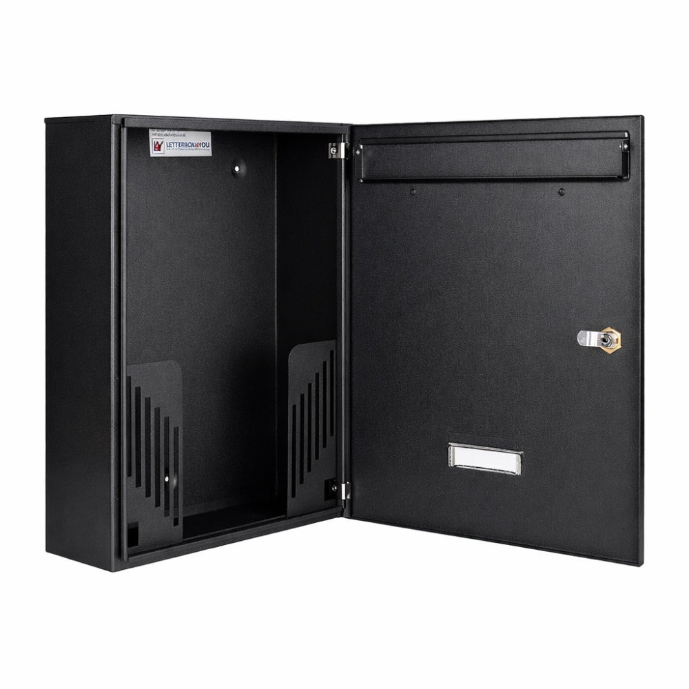 Black Lockable Wall Mounted Post Box External   W5   Black Matt   Open Internal View