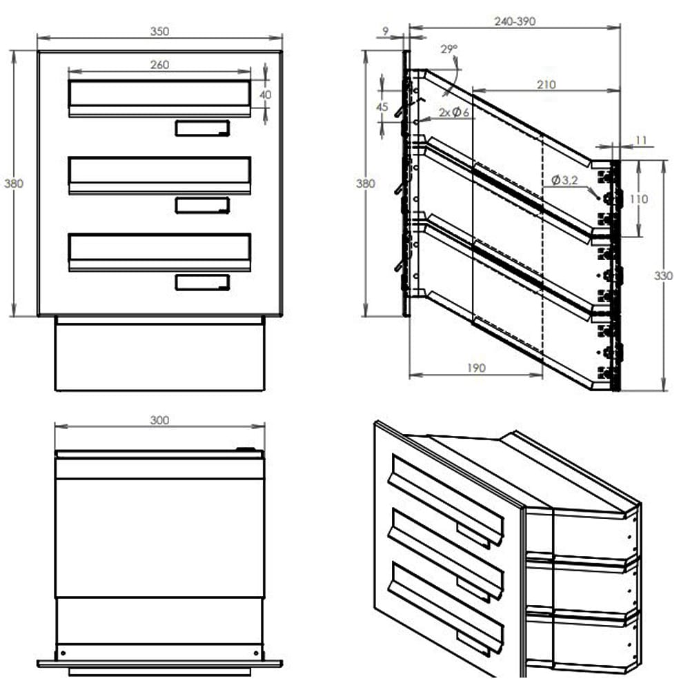 D 041 Multiple Powder Coated Telescopic High Capacity Through The Wall Mailbox Stainless Steel Dimensions