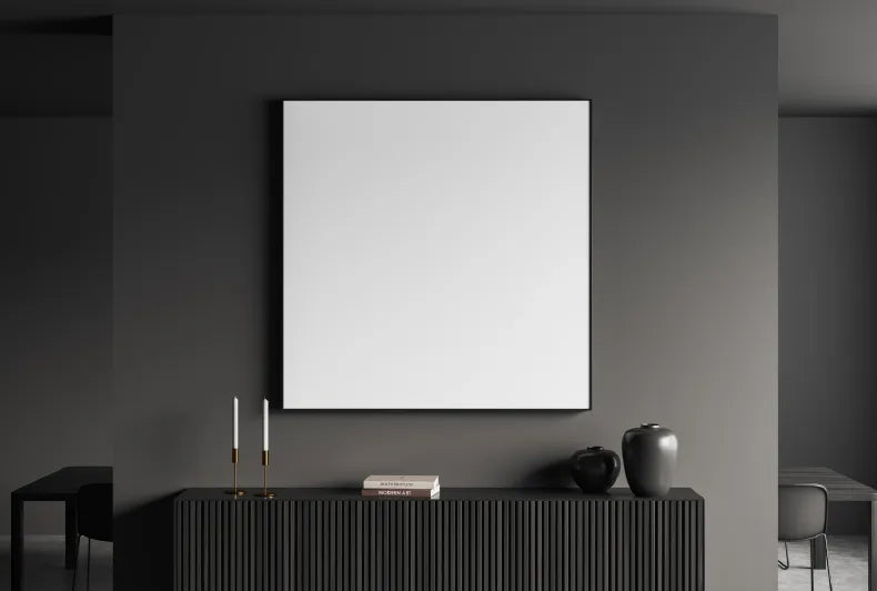 Dark Gallery Room Interior With Black Wooden Dresser And Art Decoration
