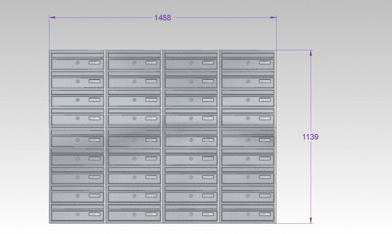 3D model of a large metal locker system with dimensions on a gray background