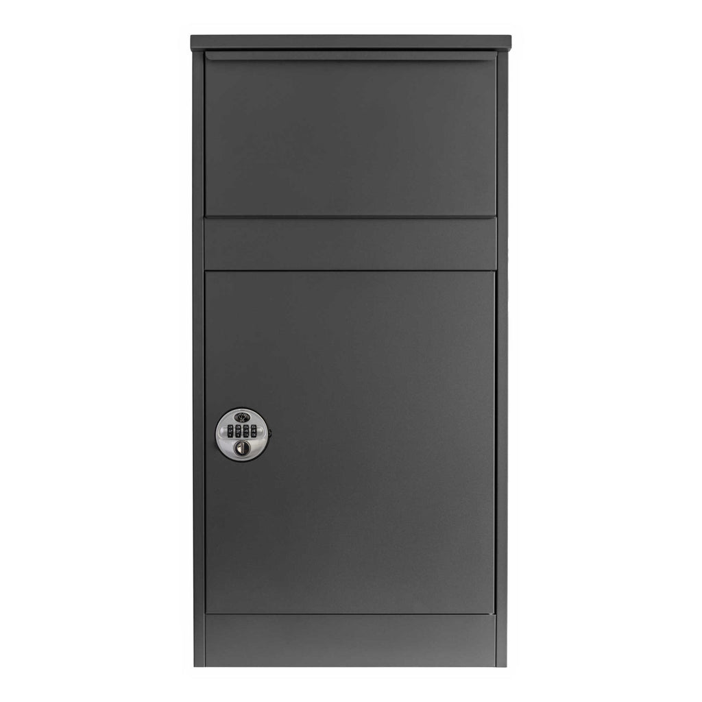 Large External Free Standing Parcel Box For Home   Buzzard   Front Access   Black With Combination Lock   Front View
